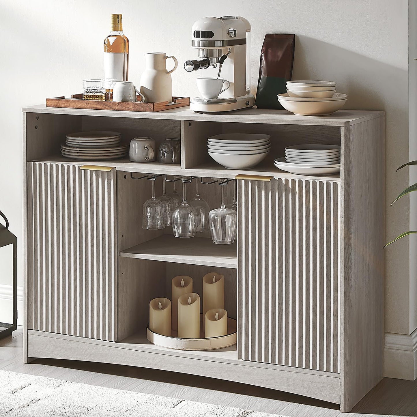 Coffee Bar Cabinet with Wine Glass Rack, 47" Buffet Sideboard with Adjustable Shelves and Soft-Close Hinges, Holds 200 lbs, Grey