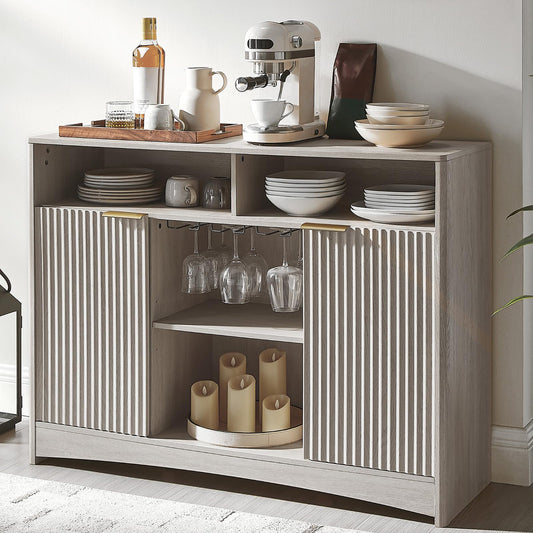 Coffee Bar Cabinet with Wine Glass Rack, 47" Buffet Sideboard with Adjustable Shelves and Soft-Close Hinges, Holds 200 lbs, Grey