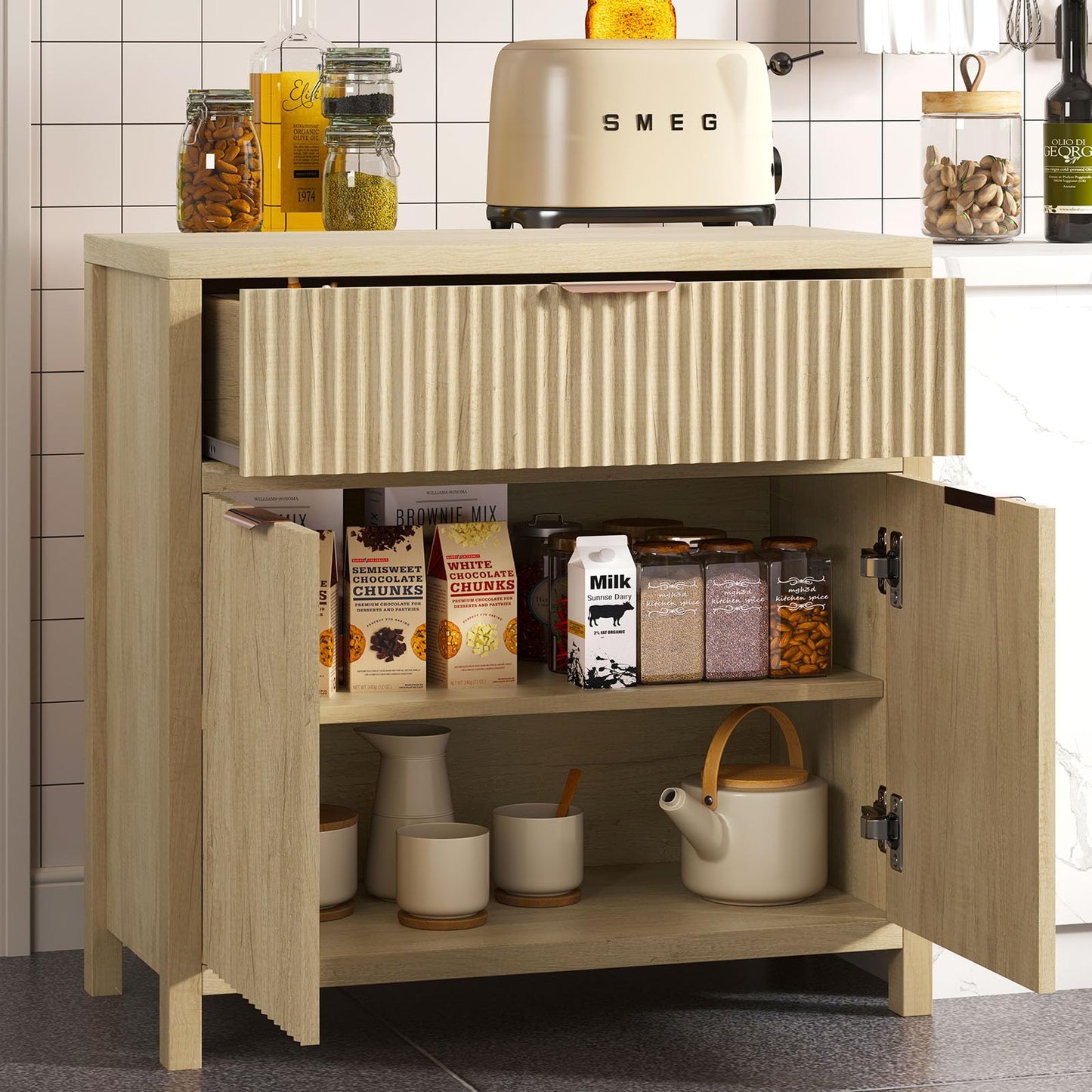 **Oak Fluted Door Accent Cabinet, Sideboard Buffet with 2 Doors, 1 Drawer & Adjustable Shelf, Modern Console Table for Living Room and Entryway**