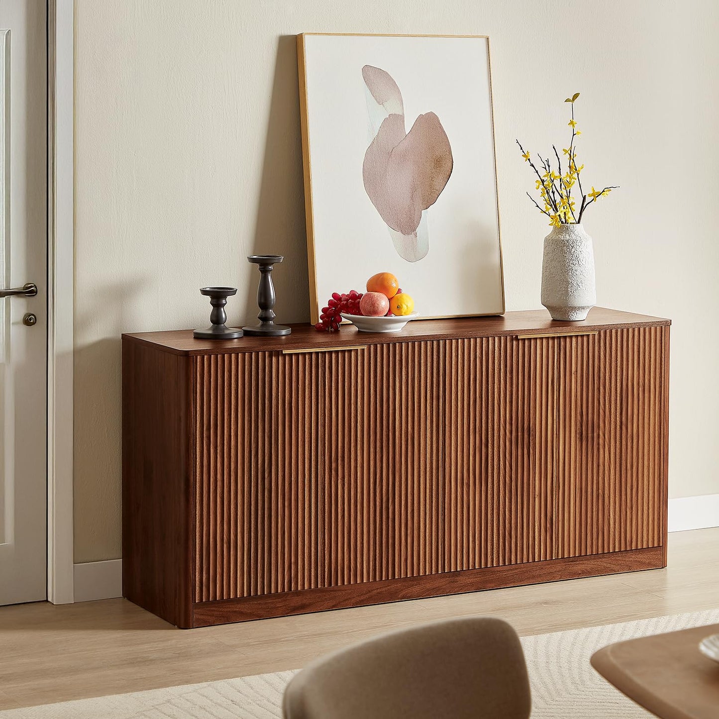 59" Fluted Walnut Sideboard Buffet Cabinet with 4 Doors, Large Wood Mid-Century Modern Storage Cabinet for Kitchen and Living Room