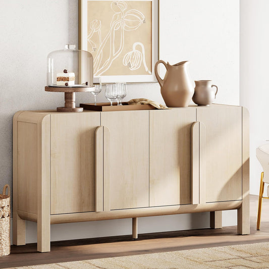63" Large Curved Buffet Sideboard Cabinet with 4 Doors, Modern Coffee Bar and Wine Bar Storage for Dining Room, Living Room, or Kitchen, Light Oak