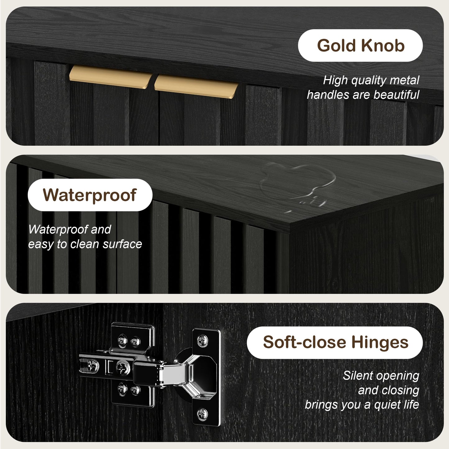 Small Fluted Buffet Cabinet with Door and Adjustable Shelves, Modern Sideboard Storage for Kitchen, Living Room, or Hallway, Black