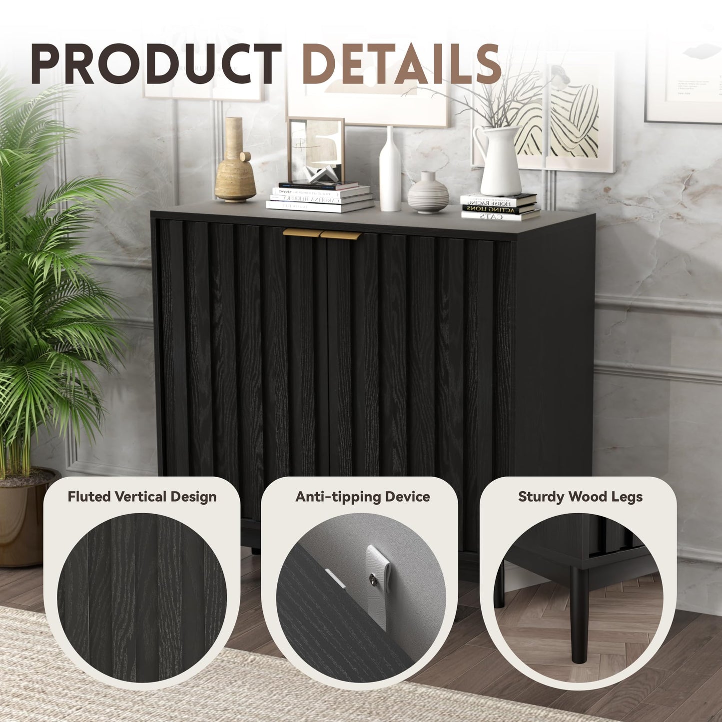 Fluted Buffet Cabinet with Door and Adjustable Shelves, Modern Sideboard Storage Cabinet for Kitchen, Living Room, or Hallway, Black