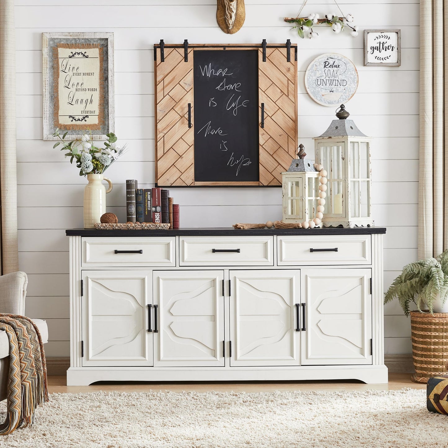 66" Large Buffet Sideboard Cabinet with 4 Doors and 3 Drawers, Storage Buffet Table for Dining or Living Room, Off White