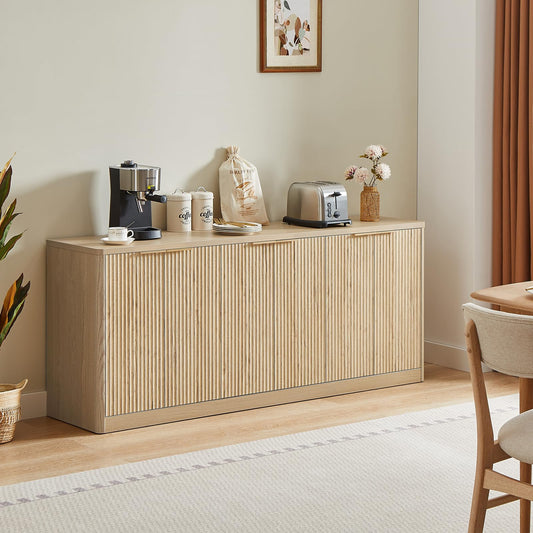 67" Fluted Oak Buffet Cabinet Sideboard with 6 Doors, Large Wood Mid-Century Modern Credenza Storage for Kitchen and Living Room