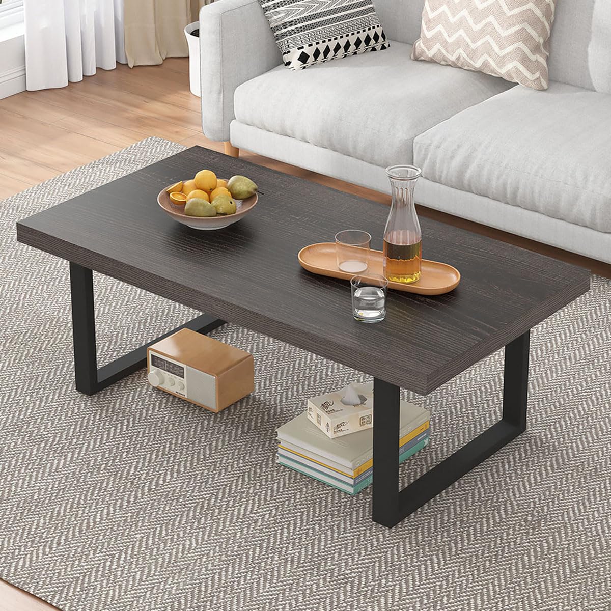 IBF 47" Rustic Coffee Table – Modern Industrial Wood and Metal Rectangle Center Table, Minimalist Farmhouse Cocktail Table for Living Room, Dark Gray Oak