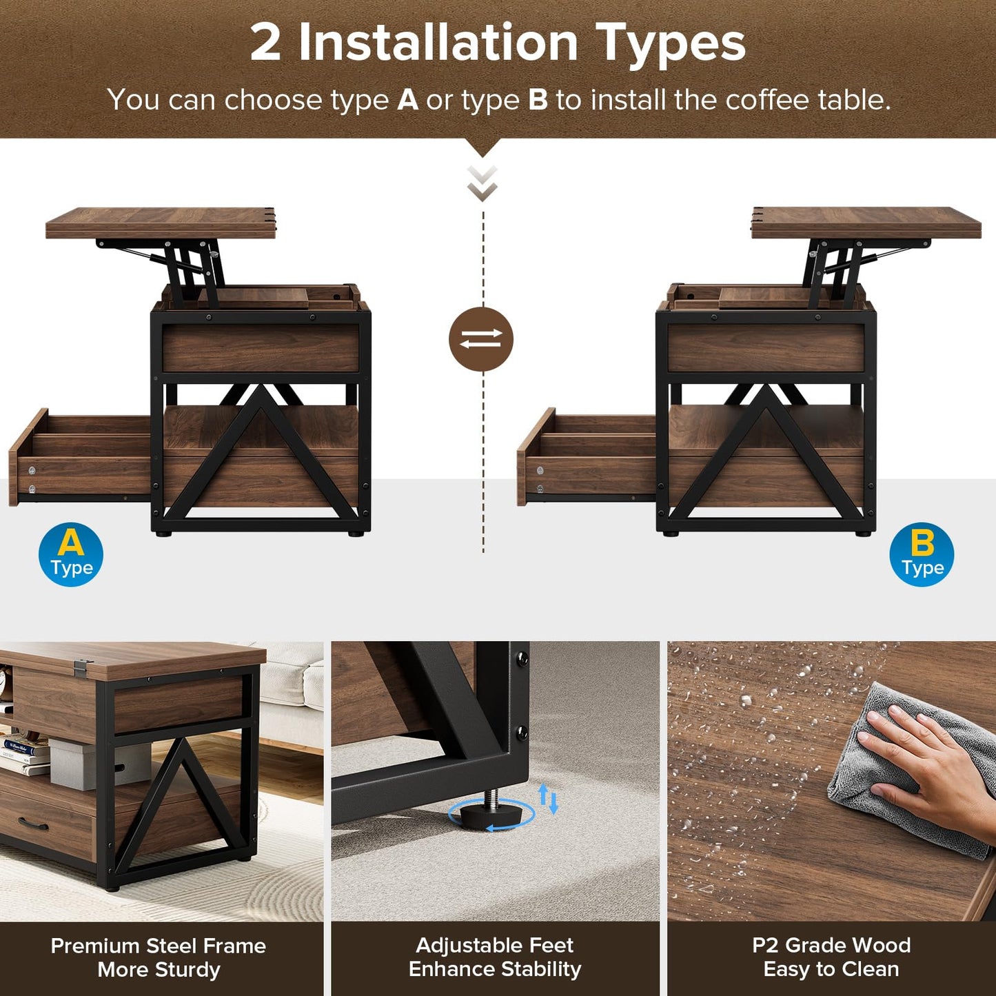 40" Lift Top Coffee Table, 4-in-1 Multi-Functional Farmhouse Coffee Table with Storage Drawers & Hidden Compartment, Lift Tabletop Center Table for Living Room, Walnut