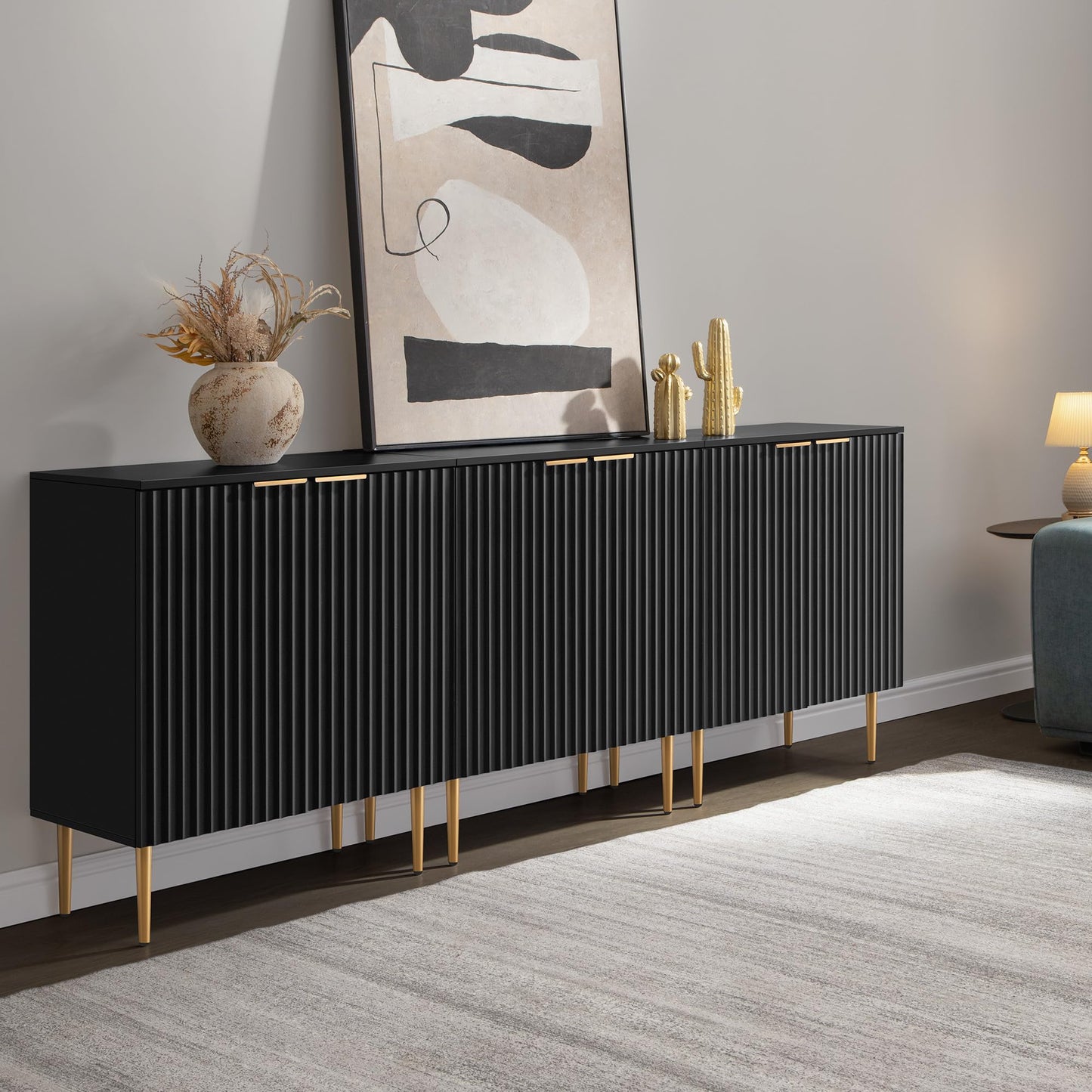 57" Modern Sideboard Buffet Cabinet with 4 Doors and Adjustable Shelf, Space-Saving Storage Console for Entryway, Kitchen, or Living Room, White