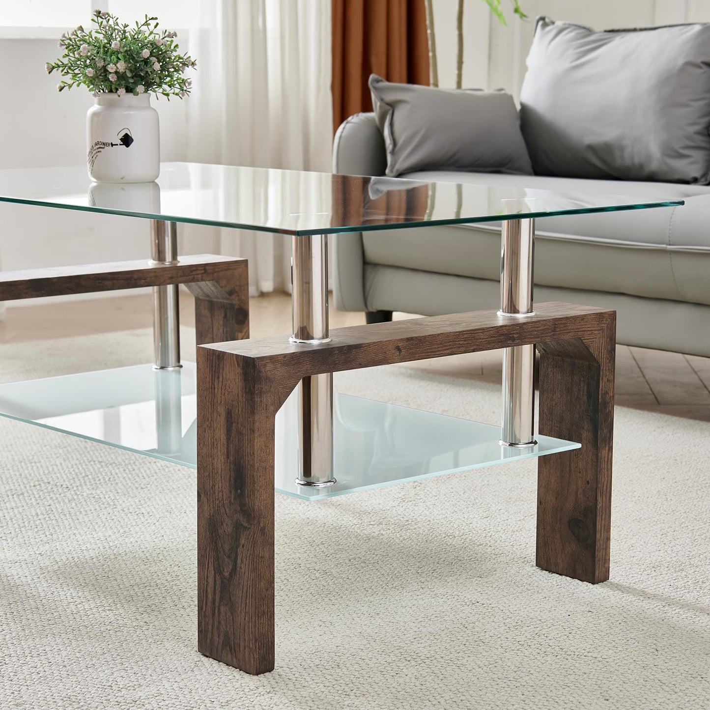 Modern Rectangle Coffee Table for Living Room, Brown Glass Tea Table with Wooden Legs & Lower Storage Shelf, Stylish Center Table for Home, Office, or Waiting Room