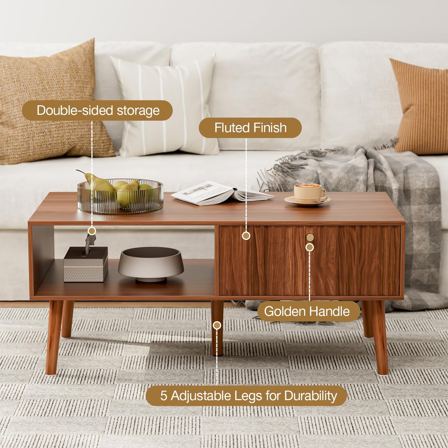 Mid-Century Modern Coffee Table with Storage – Fluted Drawer & Solid Wood Legs, Small Center Table for Living Room, Walnut