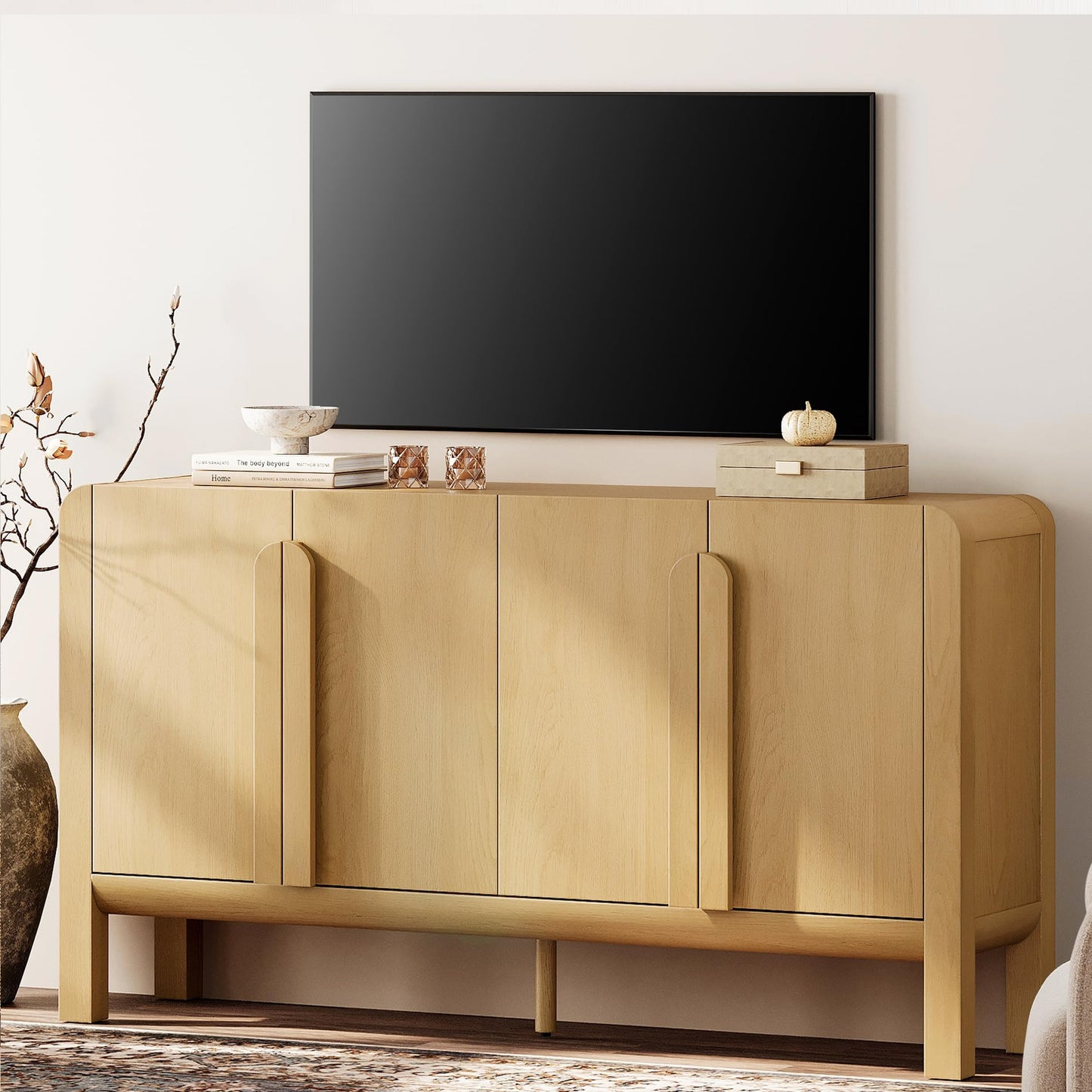 63" Wide Curved Buffet Sideboard Cabinet with 4 Doors, Modern Coffee Bar and Wine Bar Storage for Dining Room, Living Room, or Kitchen, Oak