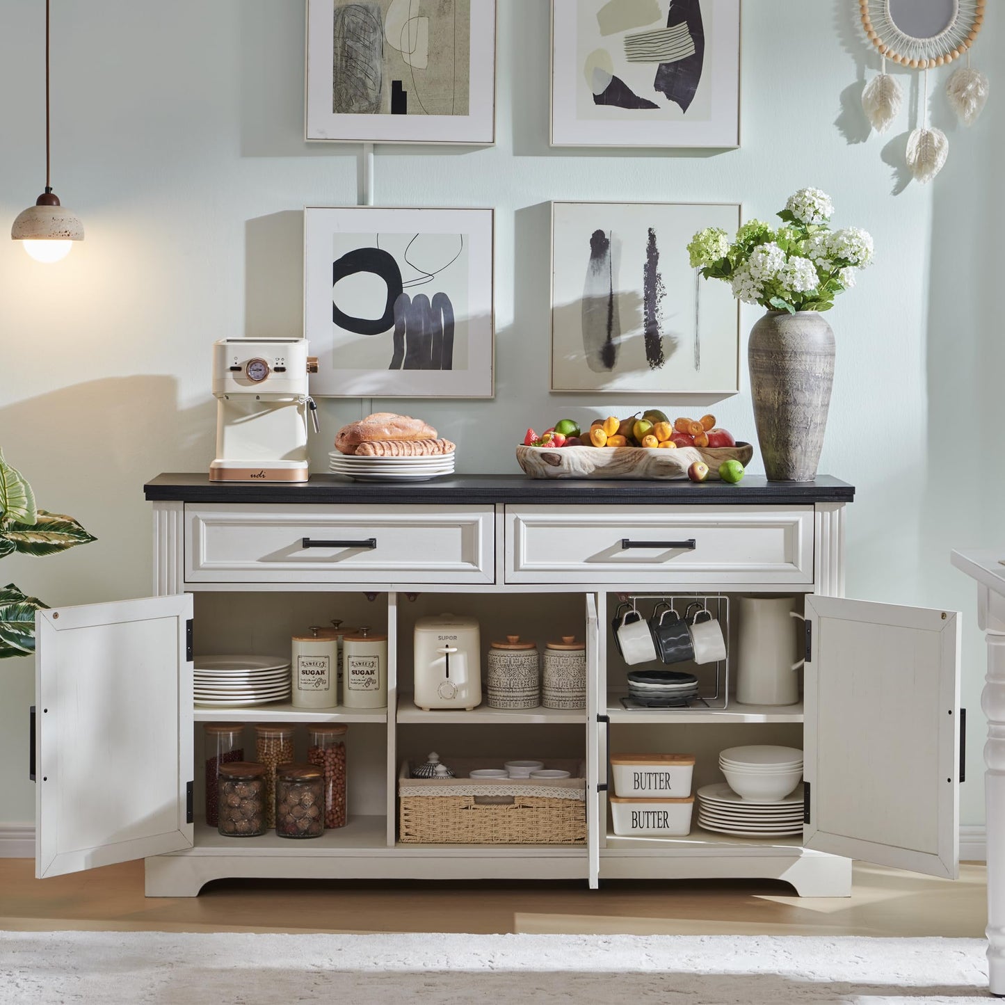 55" Large Buffet Sideboard Cabinet with 3 Doors and 2 Drawers, Storage Buffet Table for Dining or Living Room, Off White