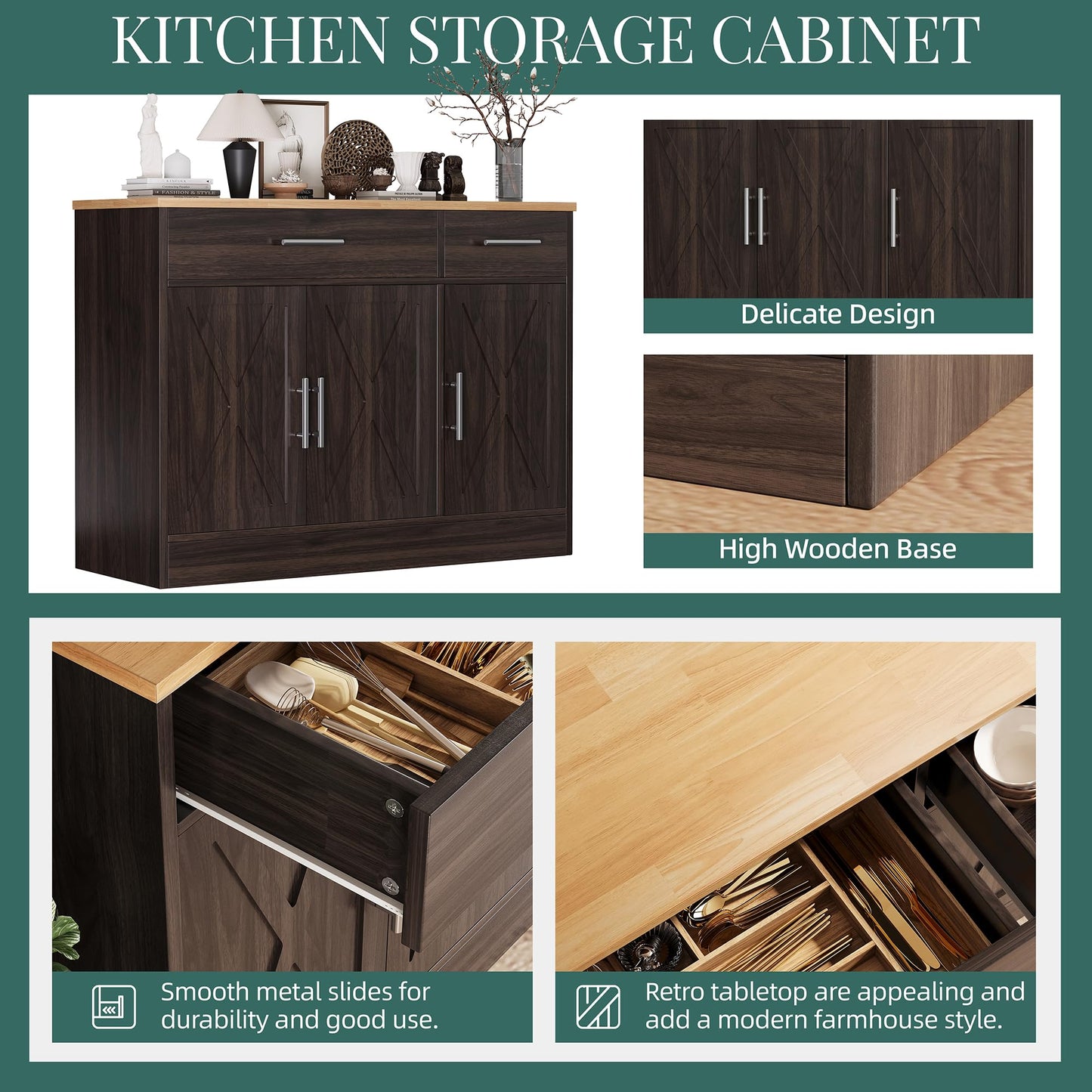 Modern Farmhouse Sideboard Buffet Cabinet with Barn Doors, 2 Drawers and 3 Doors, Adjustable Shelf for Kitchen or Living Room, Brown