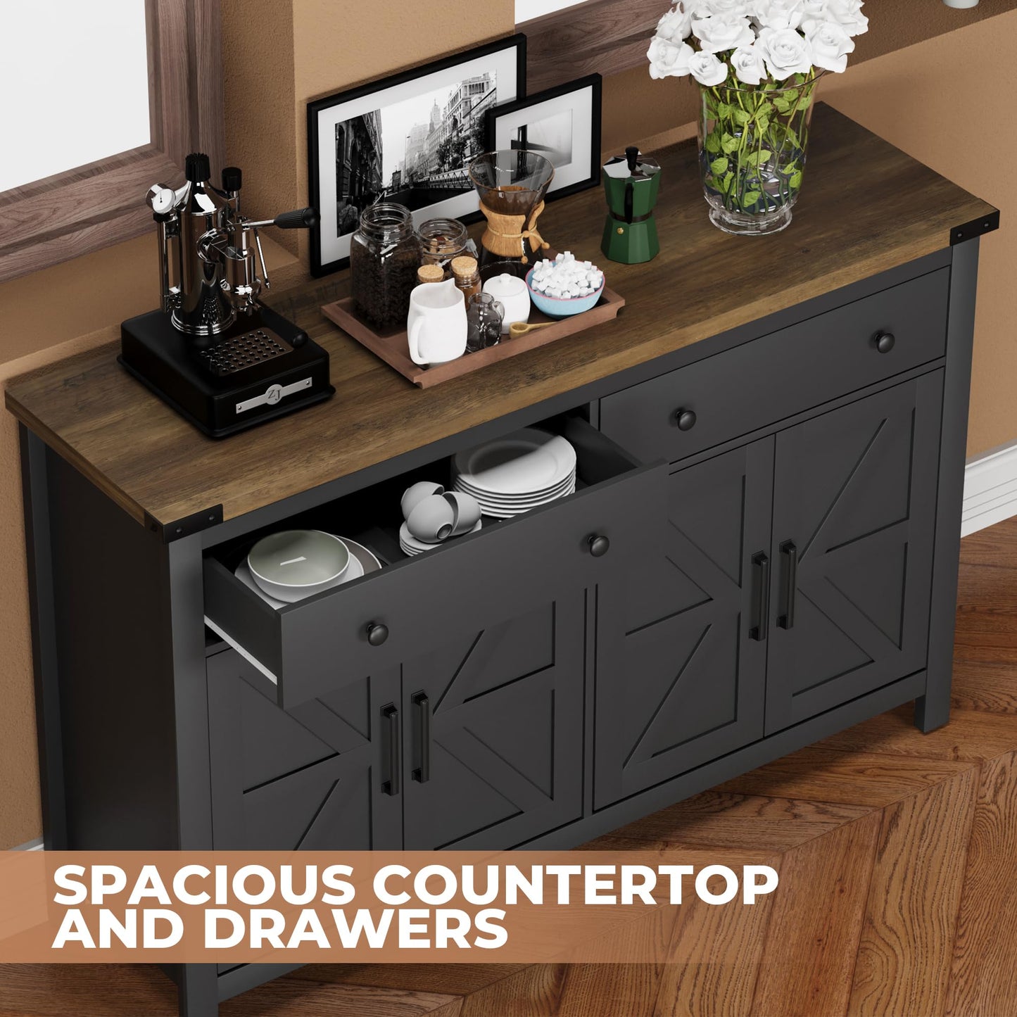 55" Modern Farmhouse Sideboard Buffet Cabinet with Storage, Black Wood Coffee Bar Cabinet with 2 Drawers & 4 Barn Doors, Long Storage Cabinet for Kitchen, Dining Room & Living Room