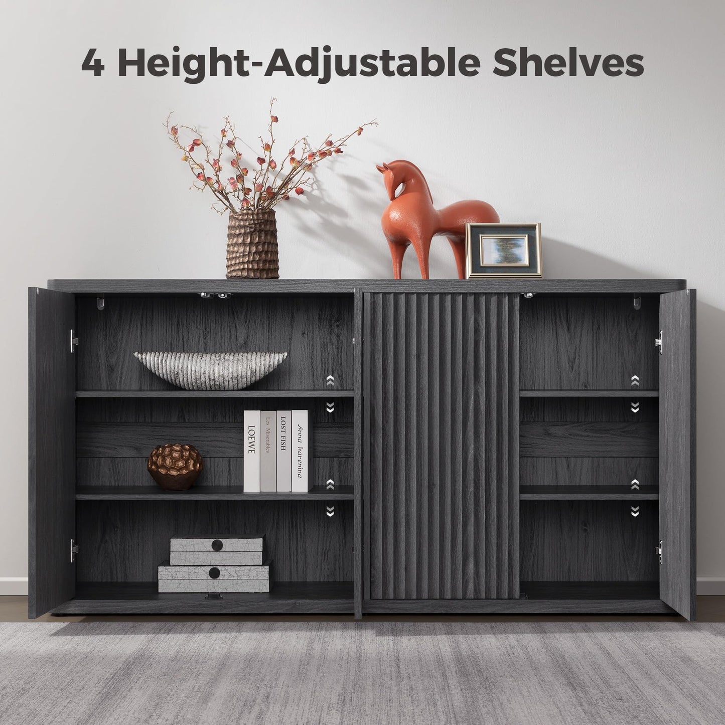 SICOTAS 66.3" Modern Fluted Buffet Cabinet with Storage, Accent Sideboard with 4 Doors, Wide Credenza Buffet Table Media Console Cabinet for Entryway, Living Room, Kitchen, Dining Room, or Hallway