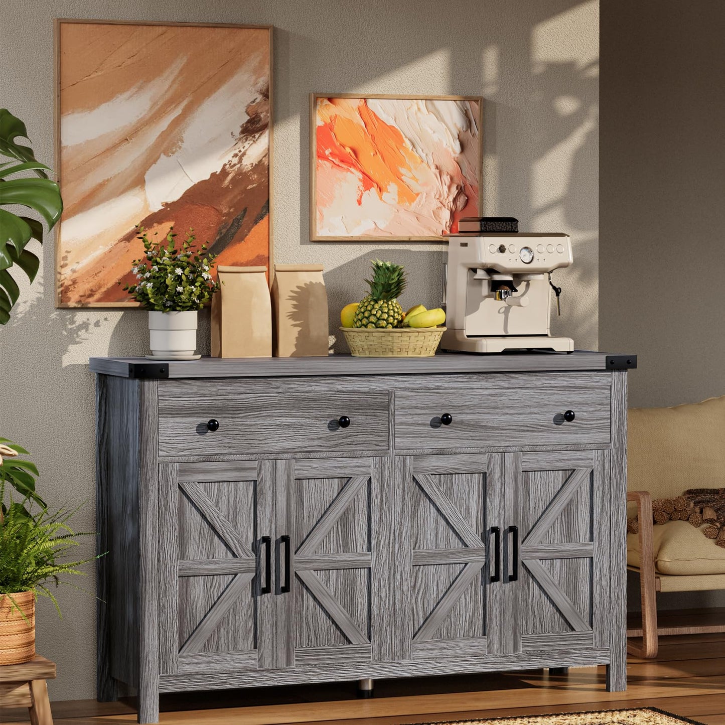 55" Modern Farmhouse Sideboard Buffet Cabinet with Storage, Grey Wood Coffee Bar Cabinet with 2 Drawers & 4 Barn Doors, Long Storage Cabinet for Kitchen, Dining Room & Living Room