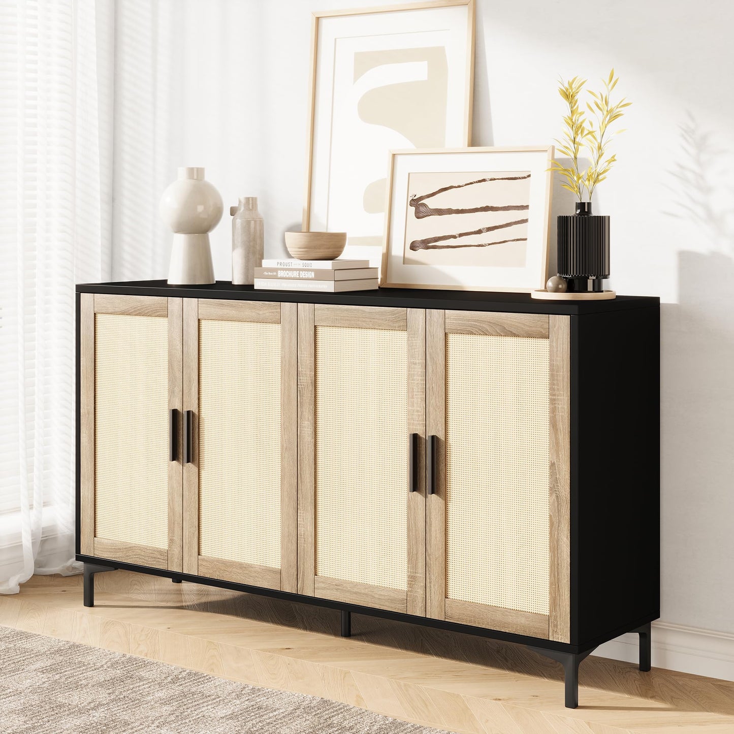 **JASIWAY Sideboard Buffet Cabinet with Storage, Rattan Kitchen Buffet Cabinet with Doors, Accent Coffee Bar Sideboard Cabinet for Living Room, Entryway, and Kitchen, Black**