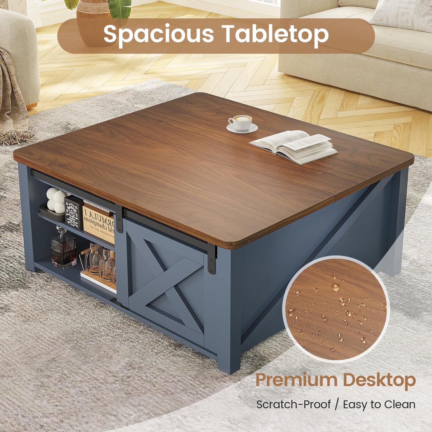 SEDETA 31.5" Lift Top Square Coffee Table with Storage – Farmhouse Living Room Table featuring Large Hidden Compartment, Adjustable Shelves & Stylish Blue Finish