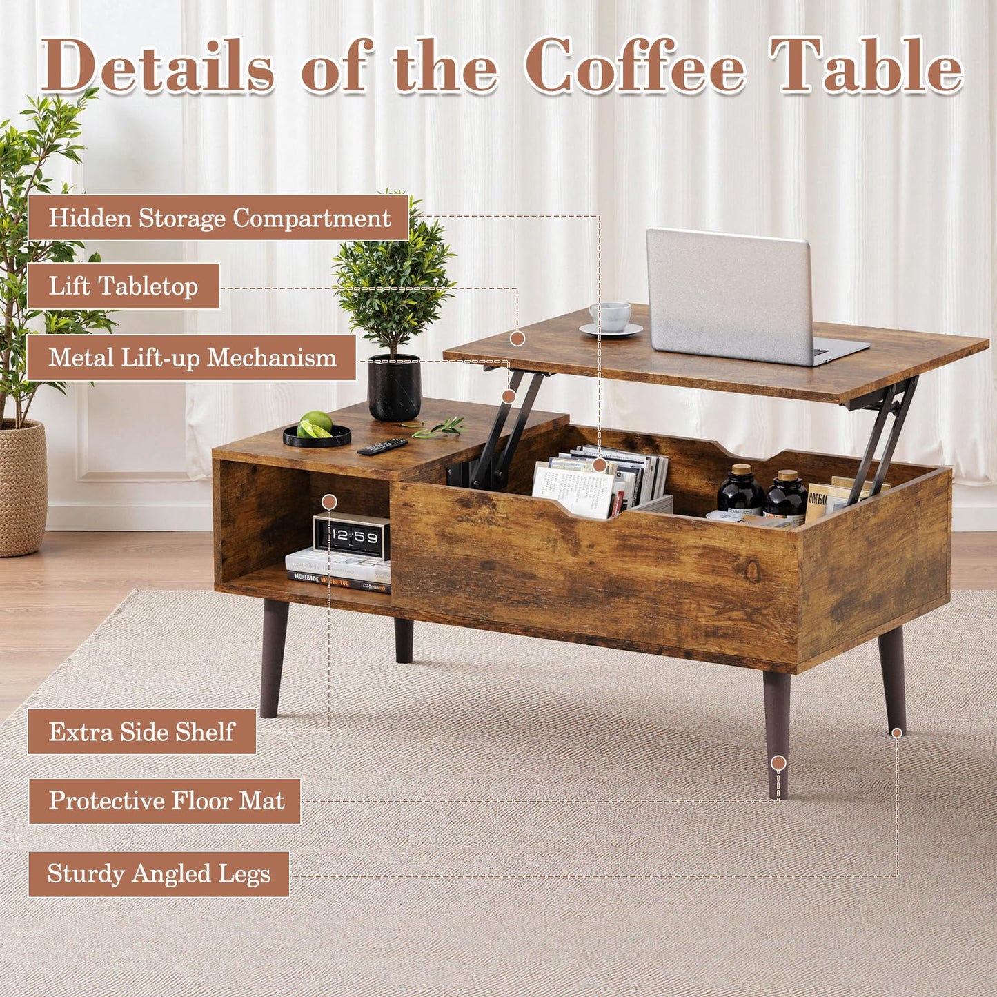 OLIXIS Rustic Wooden Lift Top Coffee Table – Hidden Compartment & Ample Storage Shelf, Convertible Dining Table for Living Room or Small Spaces