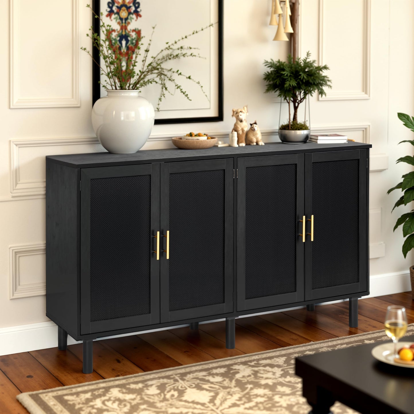 4-Door Sideboard Buffet Cabinet with Black Painted Rattan Doors, Boho Kitchen Storage Console Table and Liquor Cabinet, 62.3" x 15.7" x 34.6", Full Black