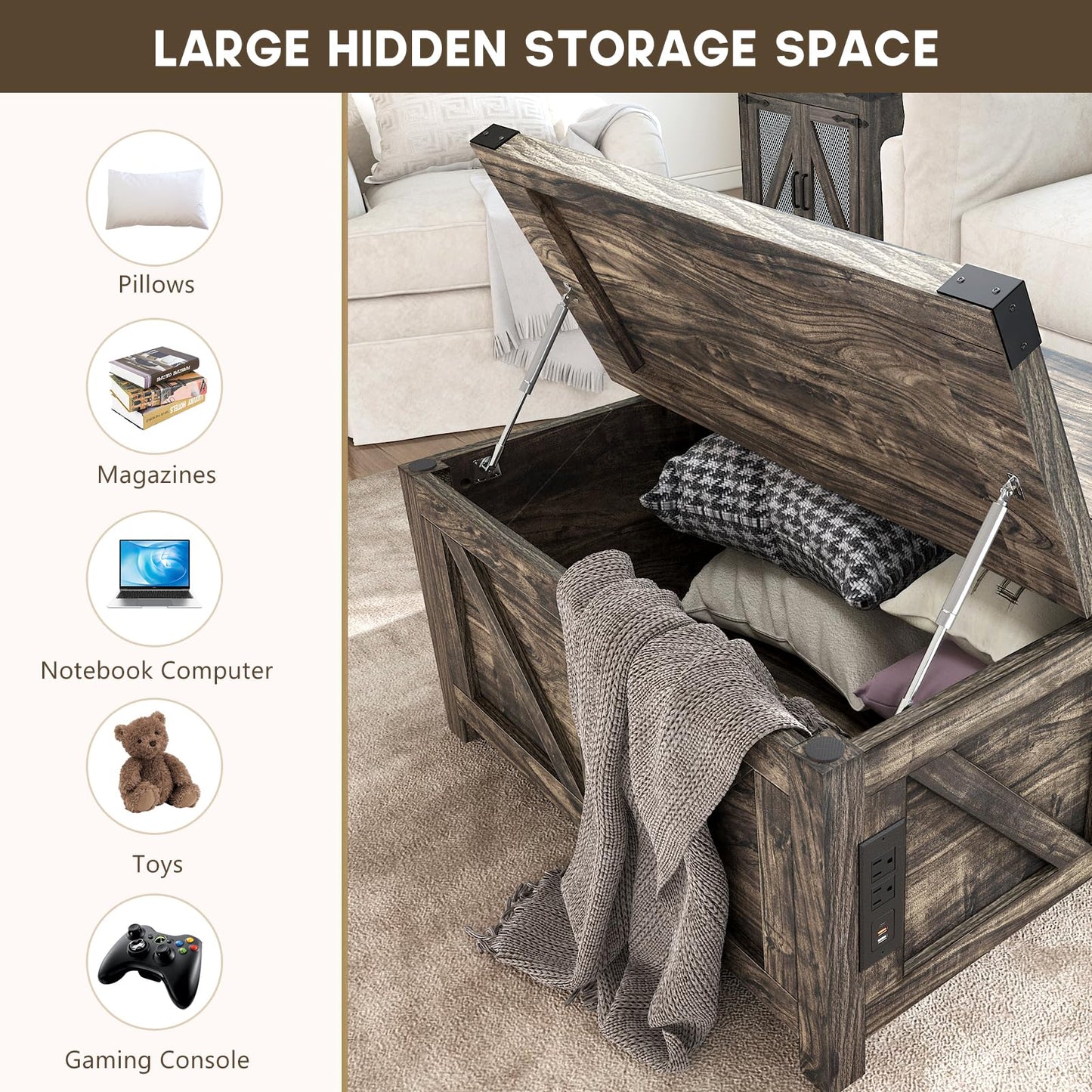 Farmhouse Lift Top Coffee Table with Storage and Charging Station – Dark Grey Wood Square Center Table with USB Ports, Hidden Compartment, and Spacious Storage for Living Room, Bedroom, or Home Office