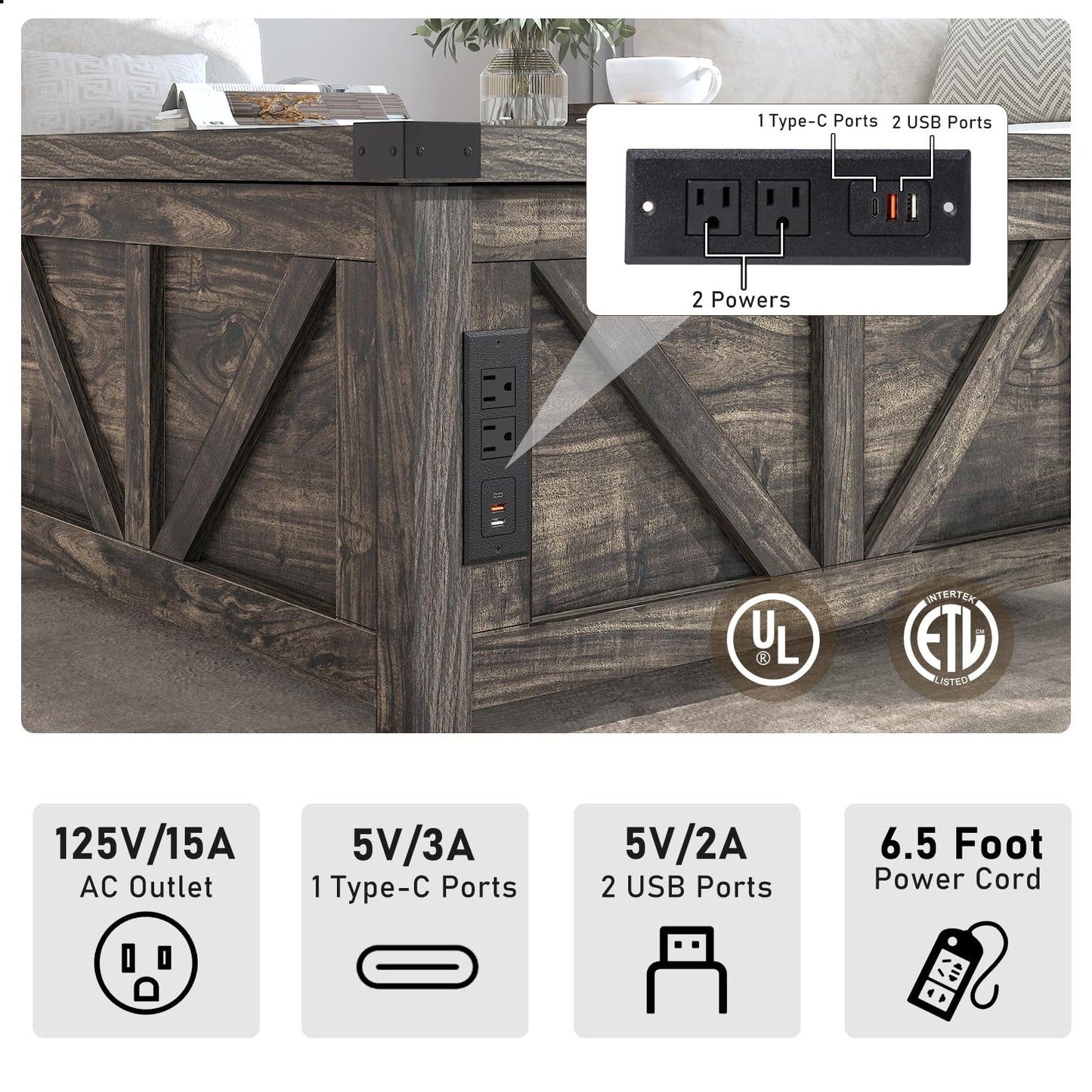 Farmhouse Lift Top Coffee Table with Storage and Charging Station – Dark Grey Wood Square Center Table with USB Ports, Hidden Compartment, and Spacious Storage for Living Room, Bedroom, or Home Office