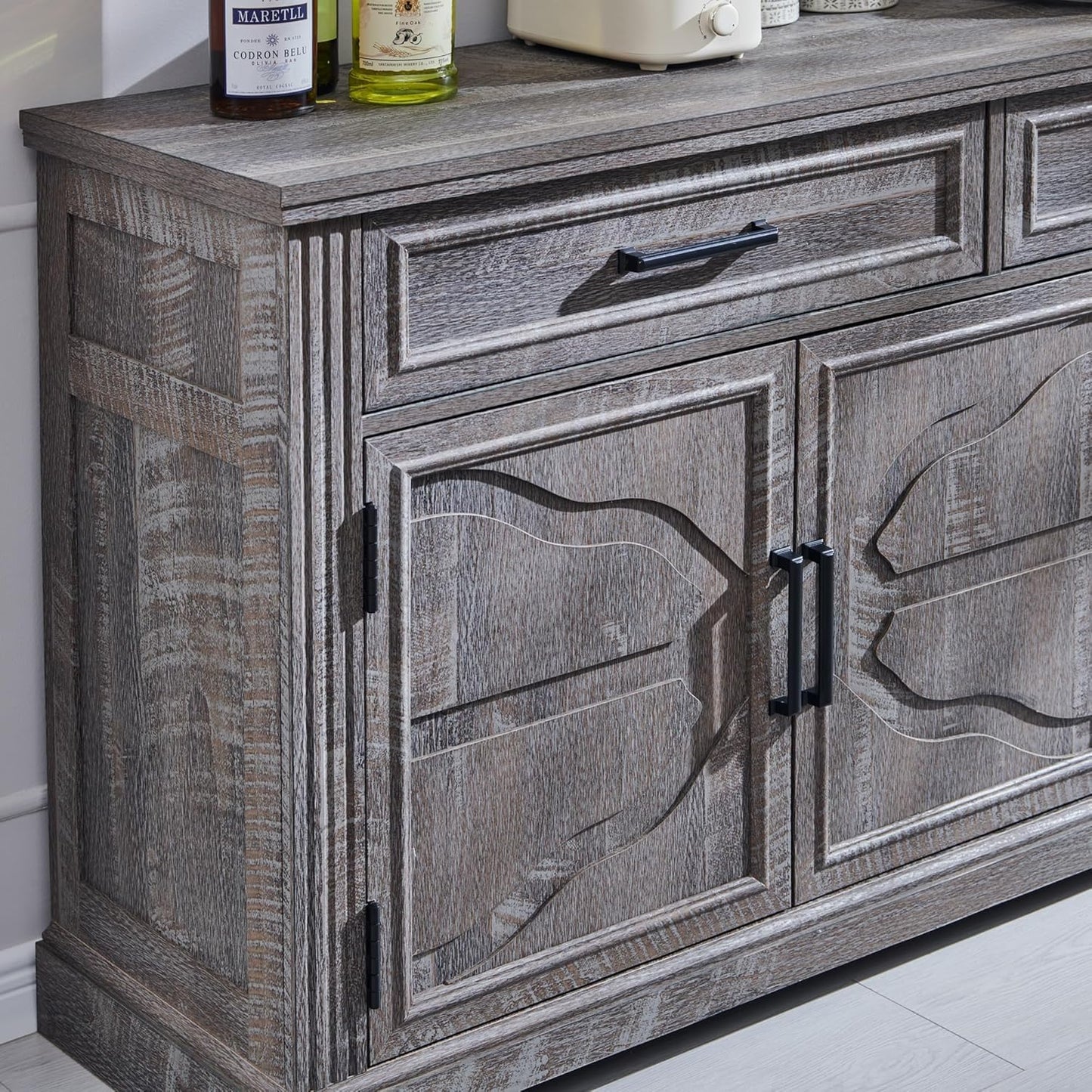 **55" Large Buffet Sideboard Cabinet with 3 Doors and 2 Drawers, Buffet Table Coffee Bar Wine Bar Storage Cabinet for Dining Room or Living Room, Dark Grey**