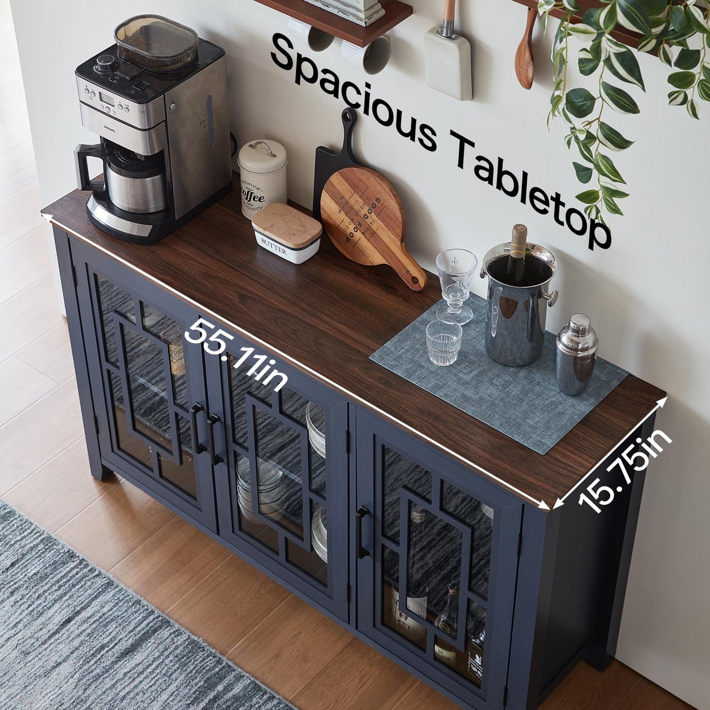 **55" Large Farmhouse Sideboard Buffet Cabinet with Storage, Wood Coffee & Wine Bar Cabinet with 3 Glass Doors, Mid-Century Modern Sideboard for Dining Room or Living Room, Navy Blue**