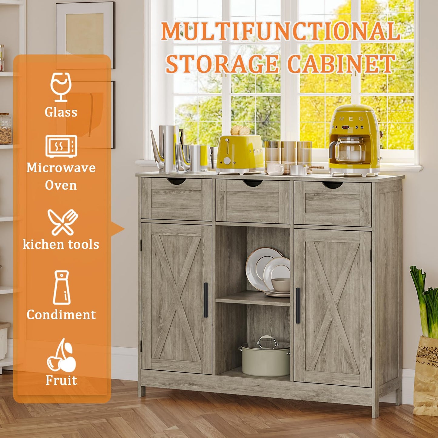 Storage Cabinet with 2 Doors, 3 Drawers, and 2 Adjustable Shelves, Coffee Bar Sideboard for Bathroom, Kitchen, or Living Room, Gray