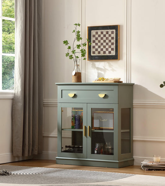 **31.5'' Small Buffet Cabinet with Glass Doors, Compact Coffee Bar Cabinet with Storage, Modern Sideboard Buffet with Adjustable Shelf and Drawer for Kitchen, Dining Room, and Living Room, Green**