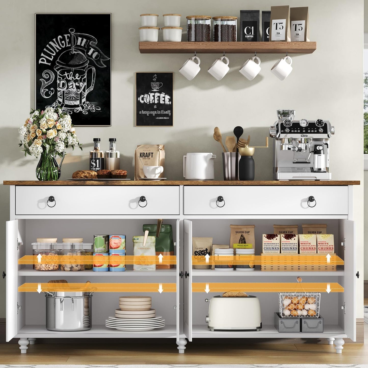 **55" Buffet Cabinet with Storage, Sideboard with 2 Drawers and 4 Doors, Modern Farmhouse Coffee Bar Cabinet, Wood Buffet Table for Kitchen or Dining Room, White**