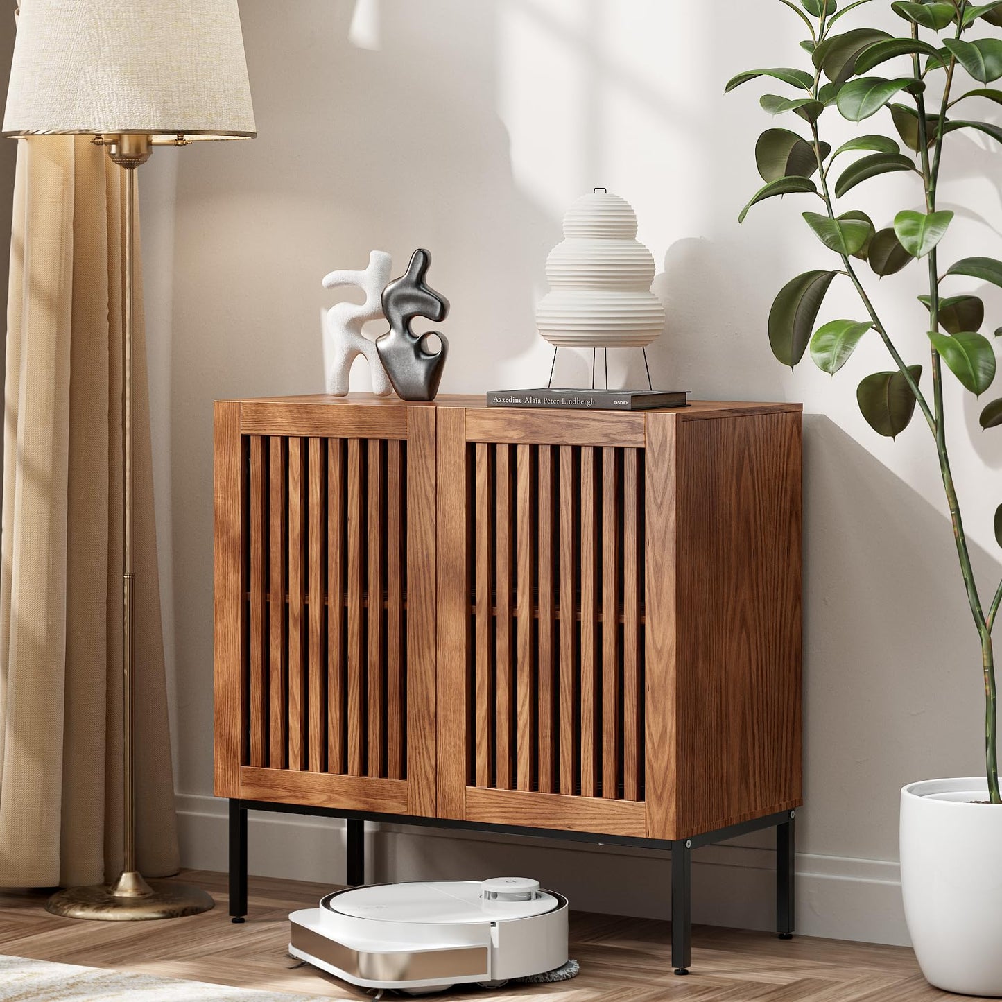 **32" Storage Cabinet, Modern Coffee Bar with Adjustable Shelf and Metal Base, Wood Multifunctional Console Table for Kitchen, Living Room, and Entryway, Brown**