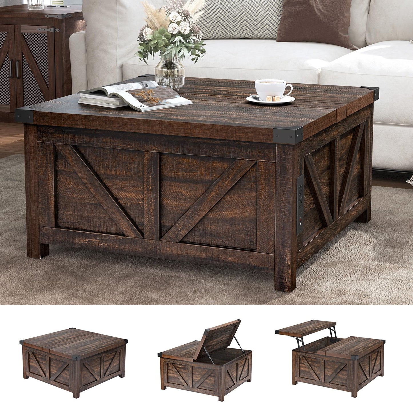 Farmhouse Lift Top Coffee Table with Storage and Charging Station – Brown Wood Square Center Table with USB Ports, Hidden Compartment, and Spacious Storage for Living Room, Bedroom, or Home Office