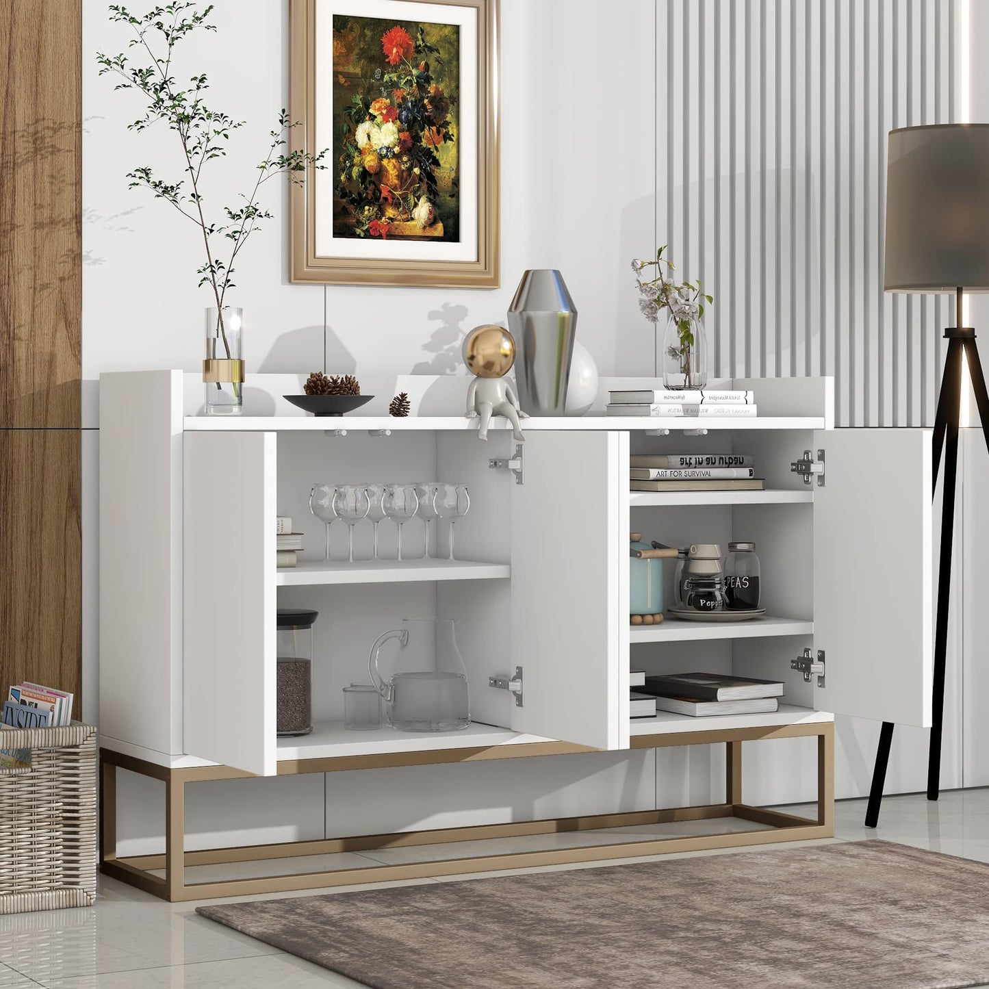 Modern Wood Sideboard Buffet Cabinet with Doors, Adjustable Shelves, and Metal Base, Kitchen Storage for Small Spaces, White