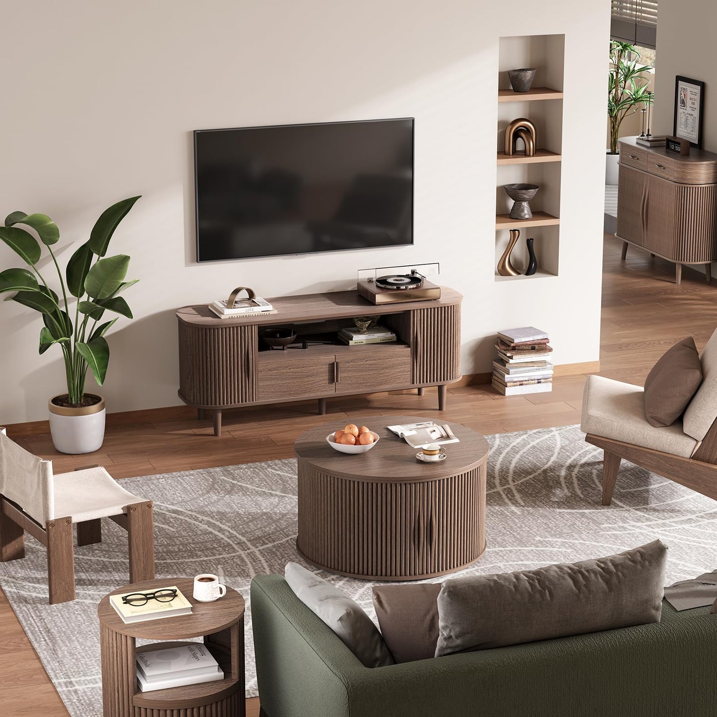 Round Coffee Table with Lift Top, 31.5" Mid-Century Modern Fluted Coffee Table with Hidden Storage Compartment, Small Center Table for Living Room, Walnut