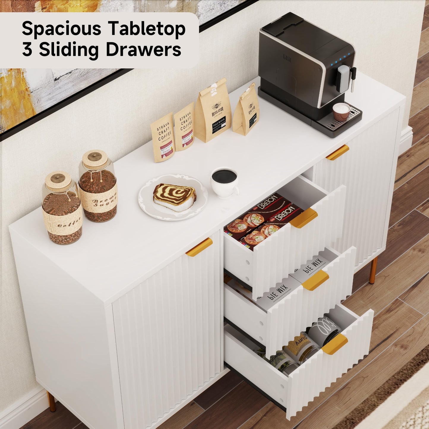 Fluted Buffet Cabinet with 2 Doors, 3 Drawers and Adjustable Shelf, 47" Modern Sideboard Coffee Bar Table for Kitchen and Living Room, White