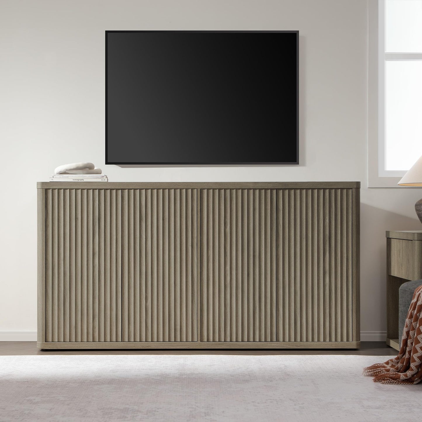 SICOTAS 66.3" Modern Fluted Buffet Cabinet with Storage, Accent Sideboard with 4 Doors, Wide Credenza Buffet Table Media Console Cabinet for Entryway, Kitchen, Dining Room, Living Room, or Hallway