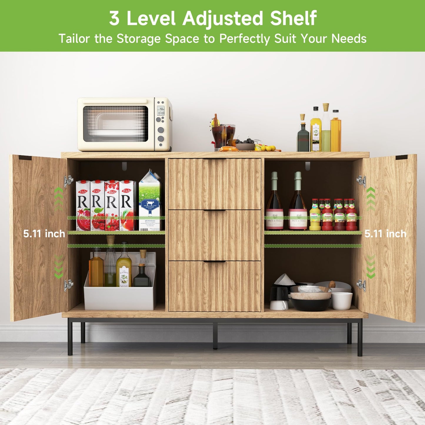 **Real Relax Sideboard Buffet Cabinet with Storage, Modern Fluted Sideboard with 2 Doors and 3 Drawers, Coffee Bar Accent Storage Credenza for Kitchen, Dining Room, and Living Room, Oak**