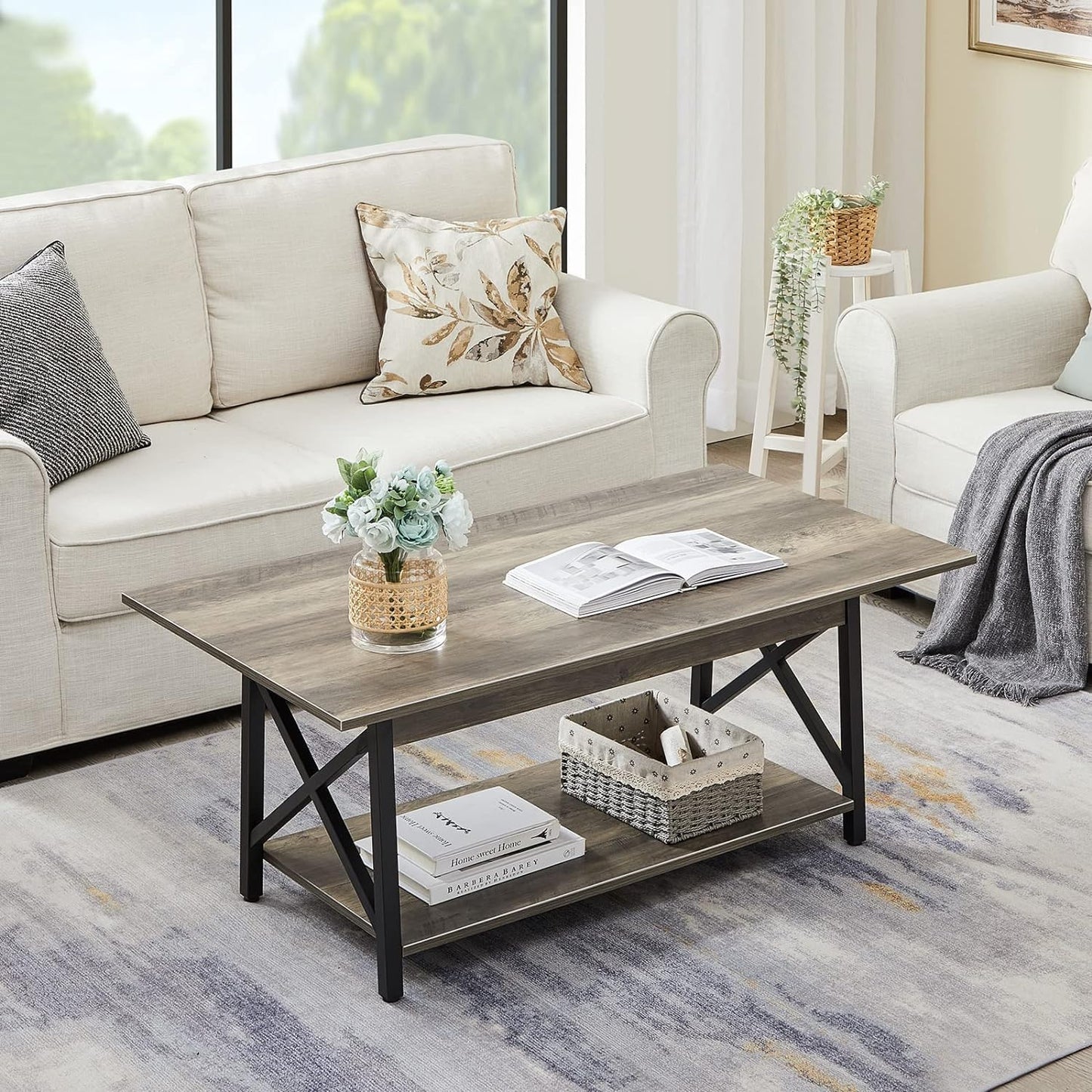 GreenForest 39" Modern 2-Tier Coffee Table – Grey Wash X-Frame Farmhouse Table with Storage, Space-Saving Small Center Table for Living Room