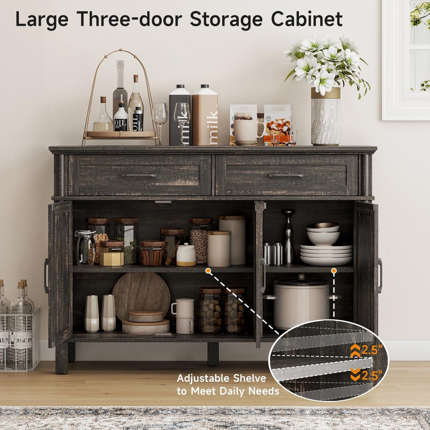 48" Farmhouse Buffet Sideboard Cabinet with 2 Drawers and 3 Doors, Wood Coffee Bar Cabinet with Adjustable Shelves for Kitchen or Living Room, Rustic Brown