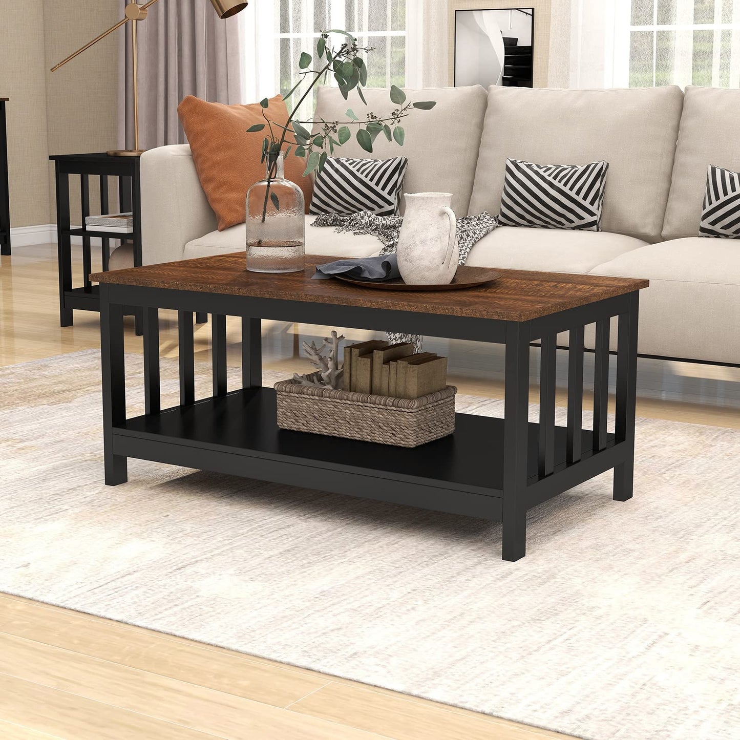 Black Farmhouse Coffee Table with Shelf, 40 Inch Living Room Table