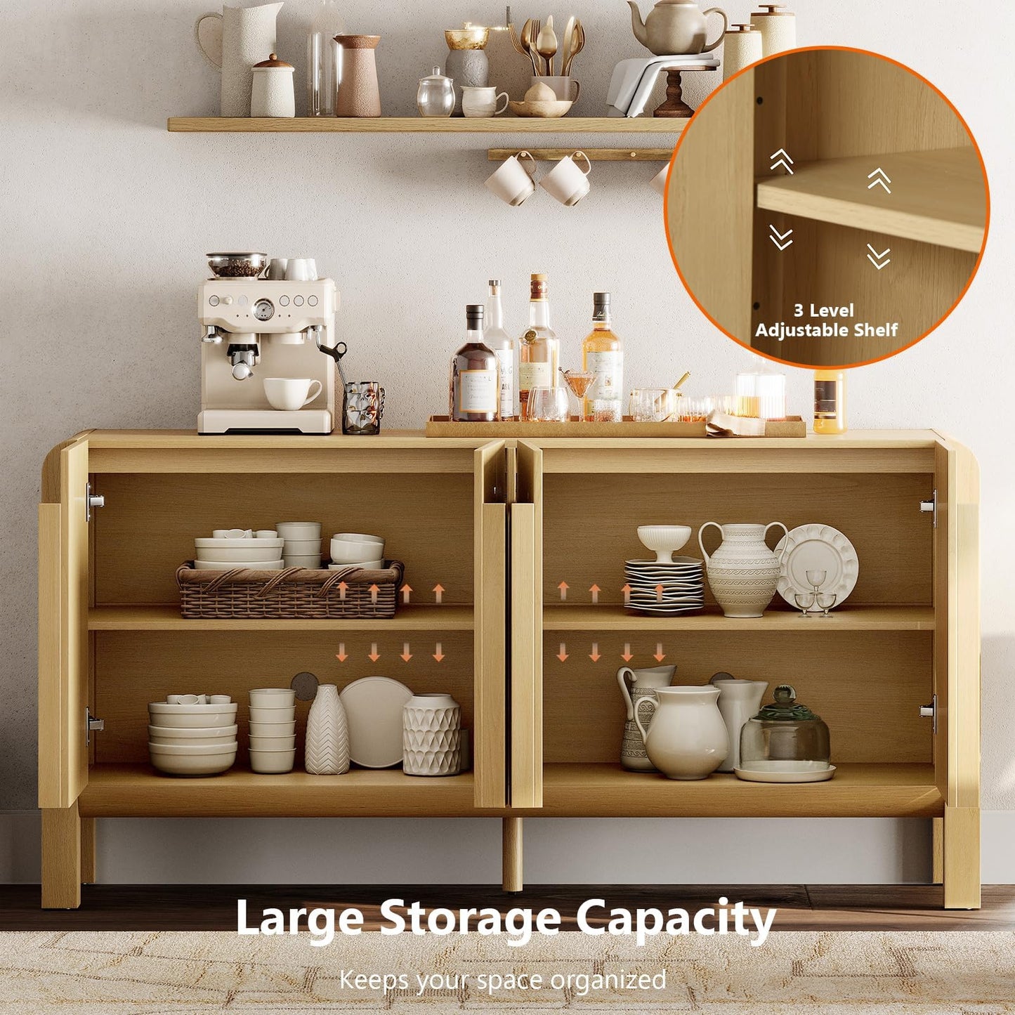 63" Wide Curved Buffet Sideboard Cabinet with 4 Doors, Modern Coffee Bar and Wine Bar Storage for Dining Room, Living Room, or Kitchen, Oak