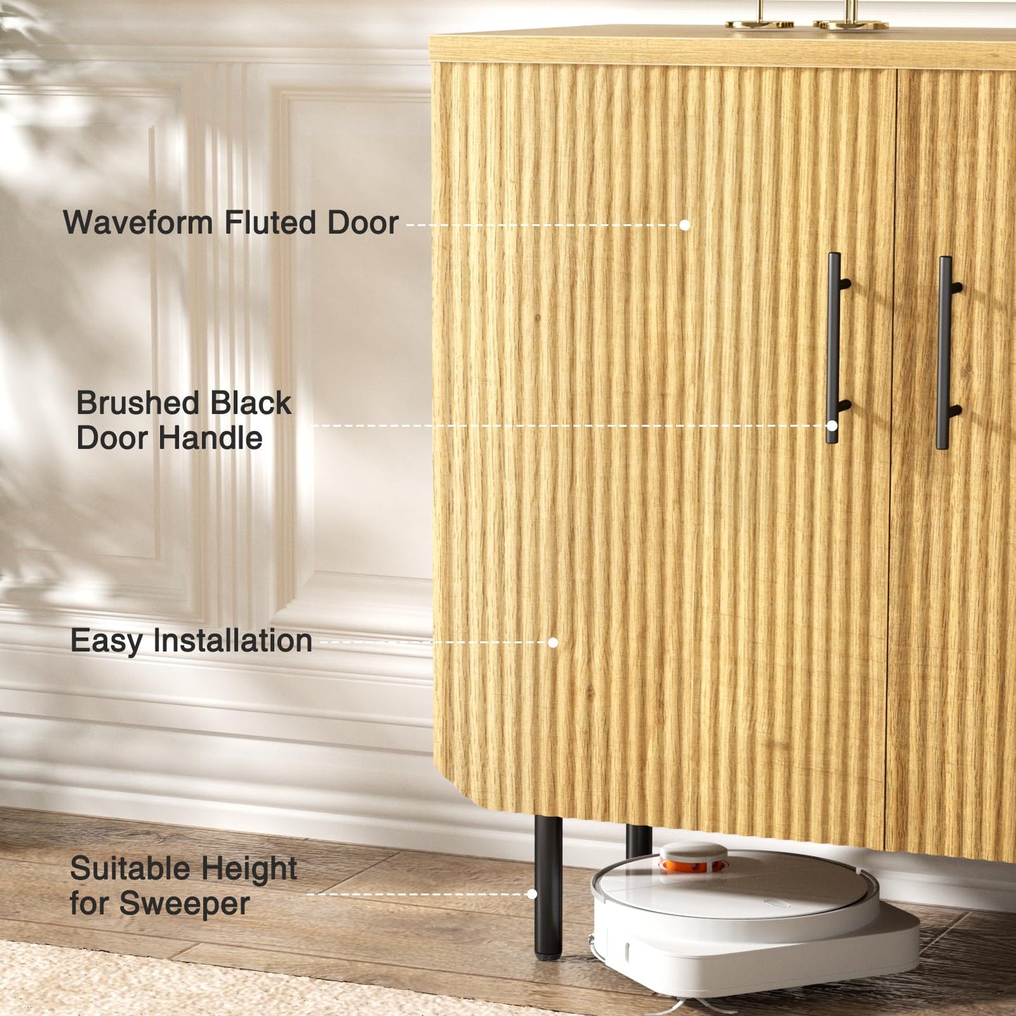 Buffet Cabinet with 2 Doors and Adjustable Shelf, Fluted Modern Sideboard Accent Cabinet for Living Room, Natural