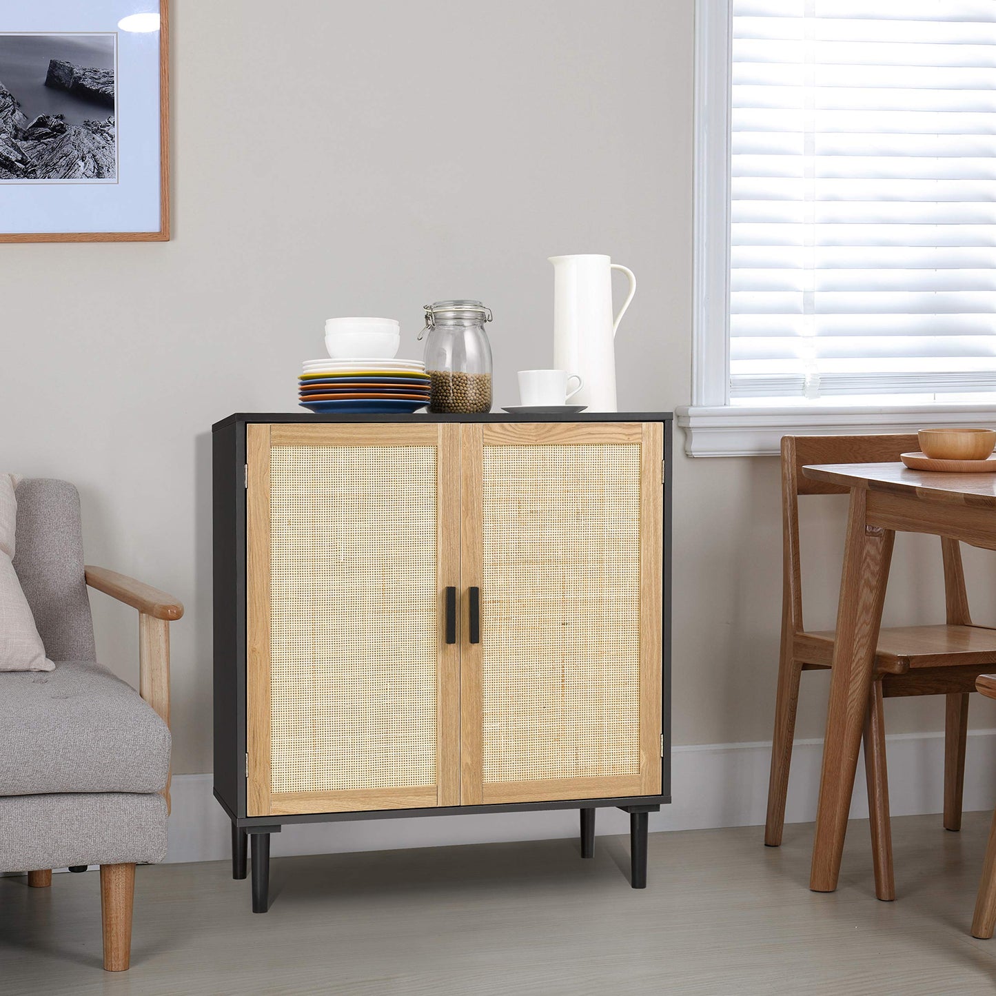 Sideboard Buffet Cabinet with Rattan Decorated Doors, Kitchen Storage Console Table and Liquor Buffet for Bar, Dining Room, or Hallway, 31.5" x 15.8" x 34.6"