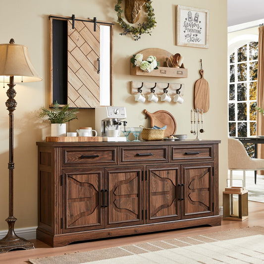 **66" Large Buffet Sideboard Cabinet with 4 Doors and 3 Drawers, Coffee Bar Wine Bar Storage Cabinet for Dining Room, Living Room, or Hallway, Dark Brown**