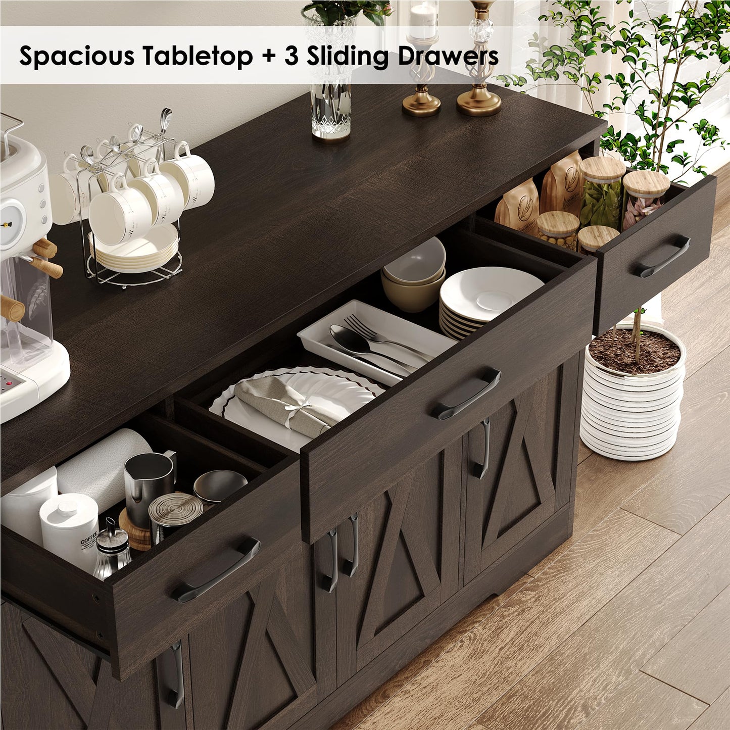 55" Large Buffet Sideboard Cabinet with Drawers, Shelves, and Doors, Modern Farmhouse Coffee Bar Station for Kitchen or Dining Room, Dark Brown