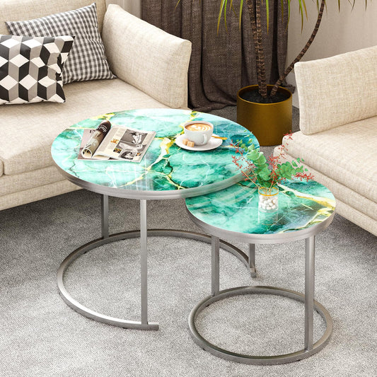Nesting Coffee Table Set of 2, Round Green Art Top Tables with Sturdy Metal Frame for Living Room or Bedroom, Modern Industrial Style