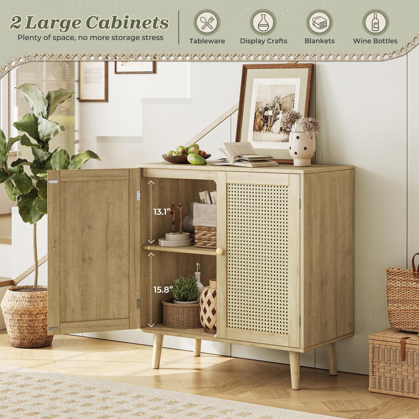 **Huuger Buffet Cabinet with Storage, PE Rattan Decor Doors, Solid Wood Feet Accent Sideboard for Hallway, Entryway, or Living Room, Natural**