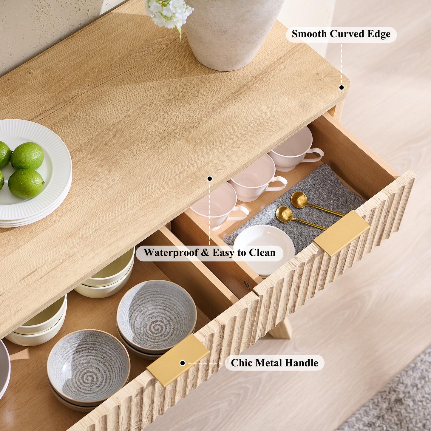 **T4TREAM 60" Fluted Modern Buffet Sideboard Cabinet with Storage, Large Buffet Table with 3 Drawers & 4 Doors for Dining Room, Living Room, or Hallway, Natural Oak**