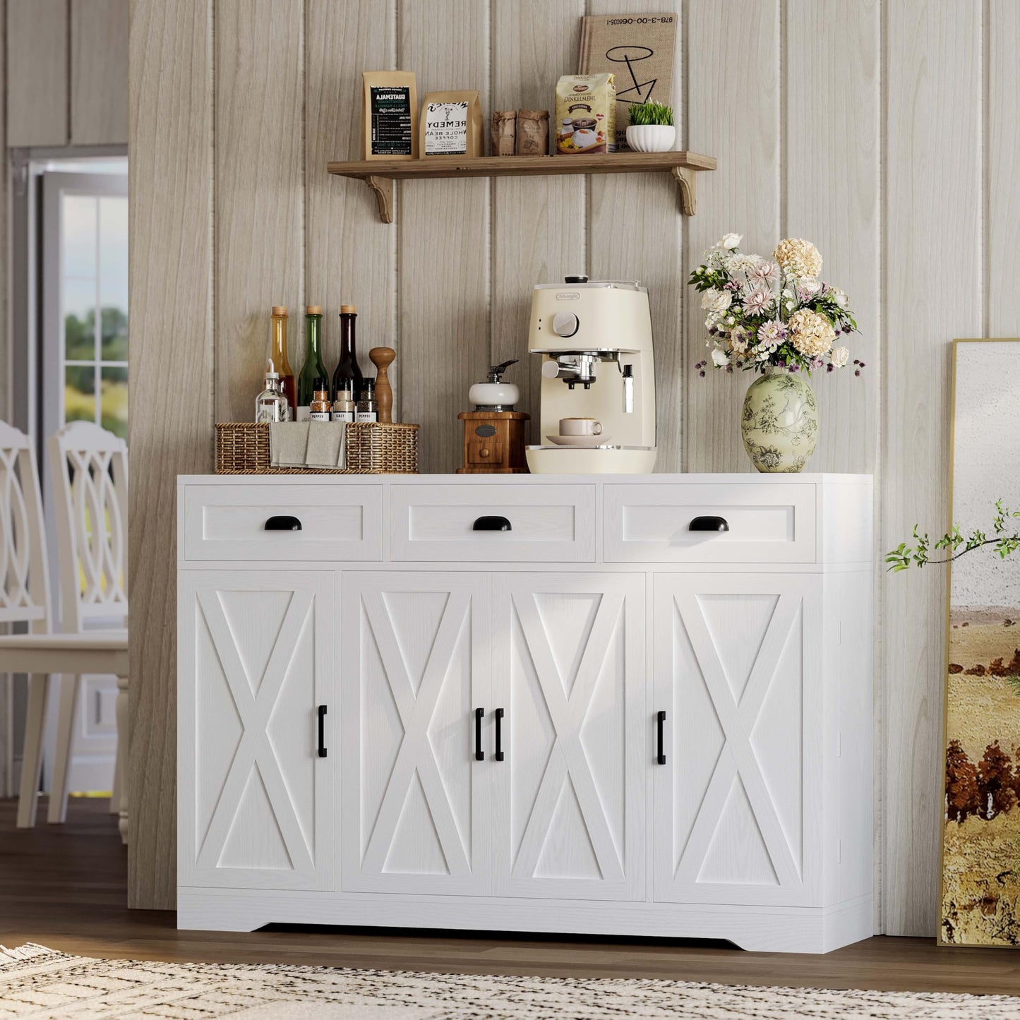 Buffet Cabinet with 4 Doors, 3 Drawers, and 6 Adjustable Shelves, Modern Sideboard Coffee Bar Storage for Kitchen or Dining Room, White